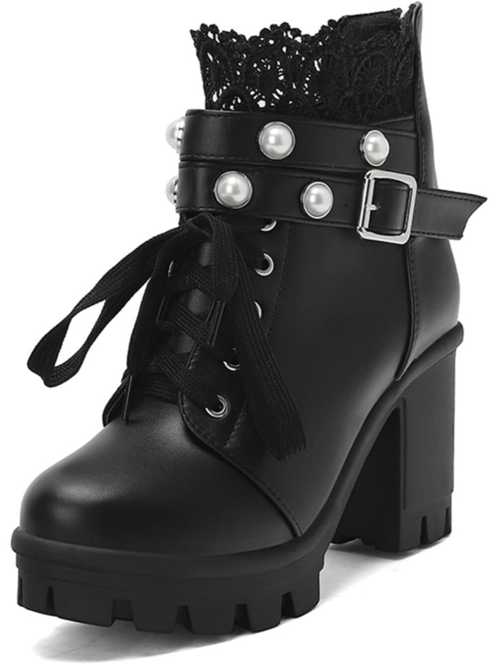 Women's Lace Black Buckles Rivet Goth Block Heel Round Toe Zipper Ankle Boots